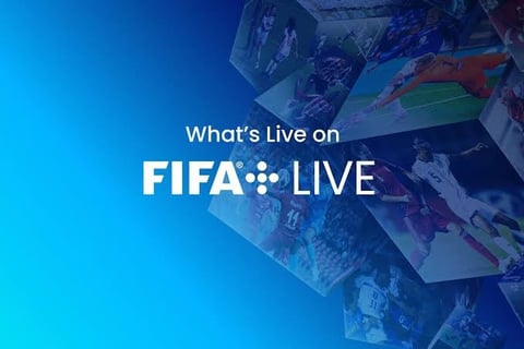 Promotional graphic for FIFA+ Live showing the service logo with blue background and images of soccer action content