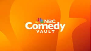 NBC Comedy Vault logo on an orange gradient background with geometric shapes